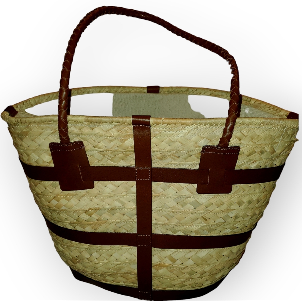 J Jill Leather Trimmed Woven Seagrass Tote